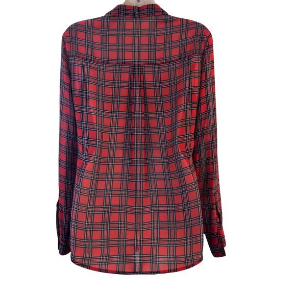 Express Red Black Tartan Plaid Portofino Button Front Blouse Notched V Neck - Picture 2 of 16